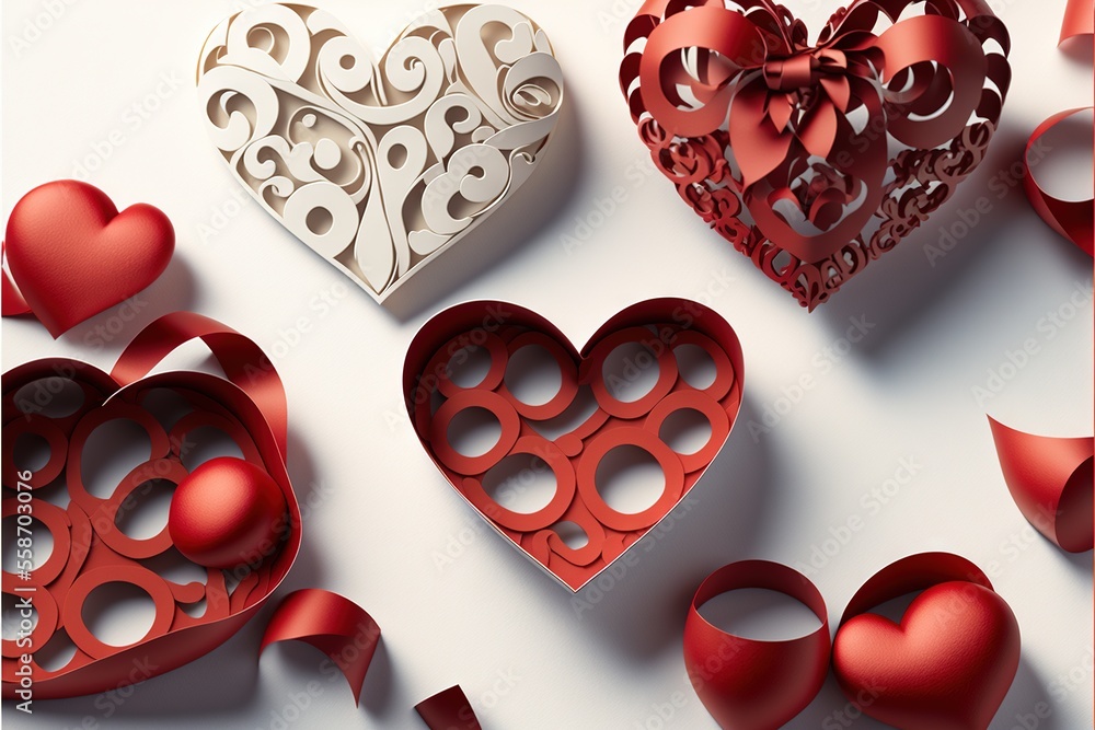Poster a group of hearts with a bow on top of them and a ribbon on the bottom of the heart, surrounded by s