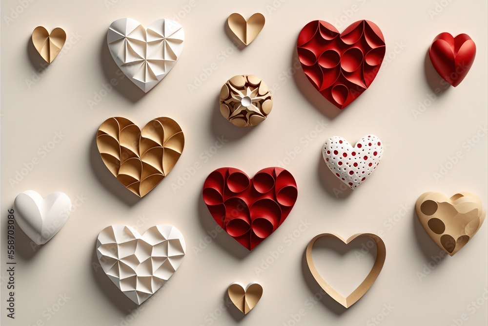 Aufkleber a group of paper hearts on a white surface with a red heart in the middle of the picture and a white