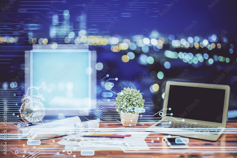 Poster Double exposure of table with computer on background and data theme hologram. Data technology concept.