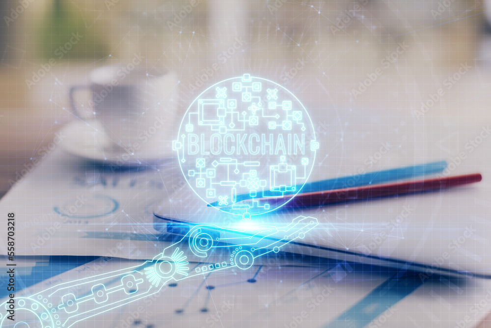 Aufkleber Double exposure of blockchain and crypto economy theme hologram and table with computer background. Concept of bitcoin cryptocurrency.