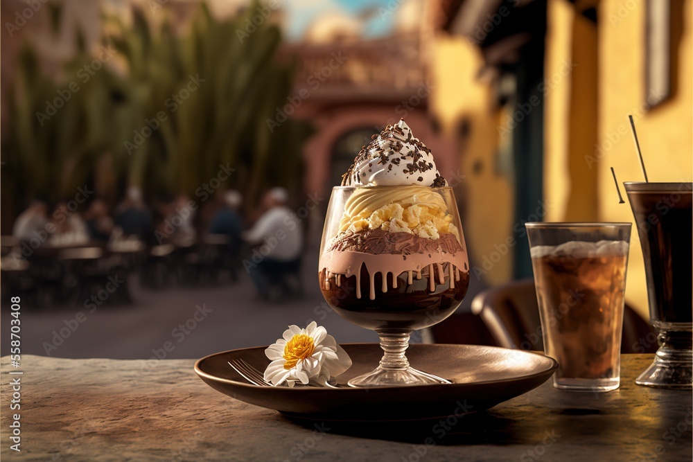 Aufkleber a table with a plate of food and two glasses of drinks on it and a plate with a flower on it and a g