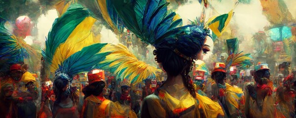 Landscape with people celebrating Carnival. AI