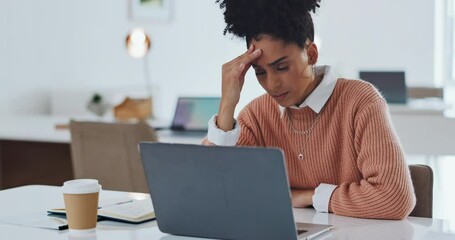 Business, stress and woman with laptop, tired and overworked in office, burnout and stress with mental health. Female, girl and administrator with fatigue, frustrated and online work for schedule.