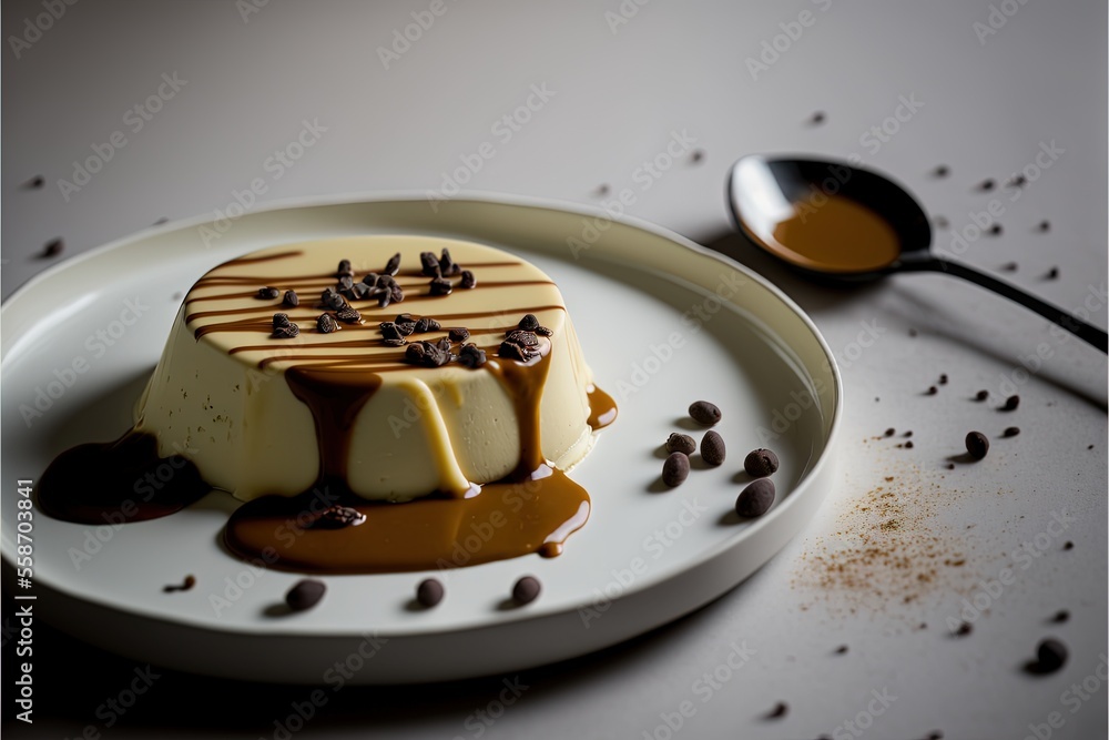 Poster a plate with a dessert on it with a spoon next to it and a spoon on the plate with a spoon in it and