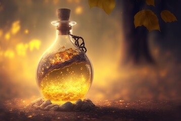 beautiful  special elixir drub potion in glass bottle, idea for videogame item in real life, fantasy light glow bokeh background, vitality potion - obrazy, fototapety, plakaty