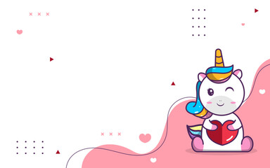 Cute background of cute unicorn character, unicorn holding a heart, suitable for social media and business posts