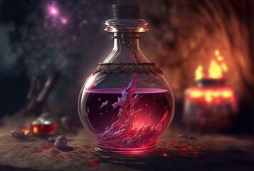 beautiful  special elixir drub potion in glass bottle, idea for videogame item in real life, fantasy light glow bokeh background, stamina potion