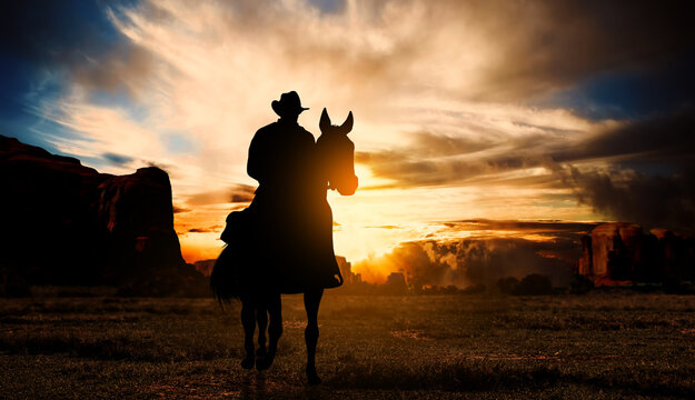 Cowboy on horseback at sunset