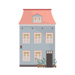 Home facade with windows, door and attic. Residential blue European house with flowerpots, outside view. Cozy architecture exterior. Flat vector illustration isolated on white background
