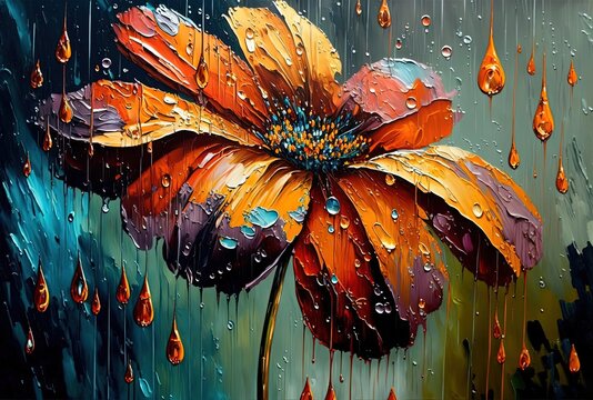 a one big flower wet on raining day, water drop drip down from petal, oil painting style illustration, 