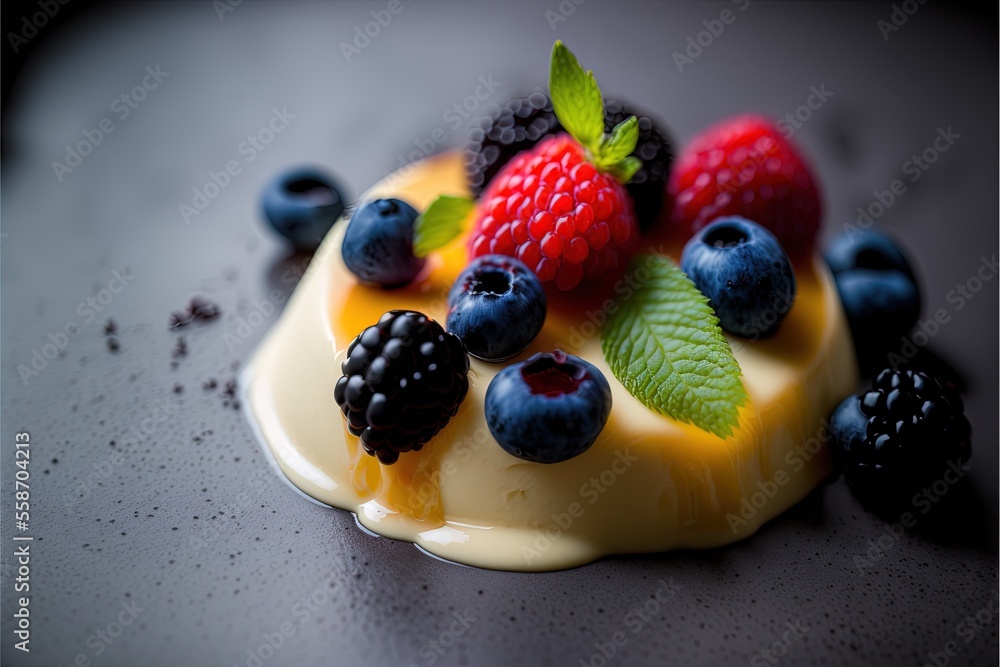 Poster a dessert with fruit on top of it on a table with a spoon and a spoon rest on the plate and the rest