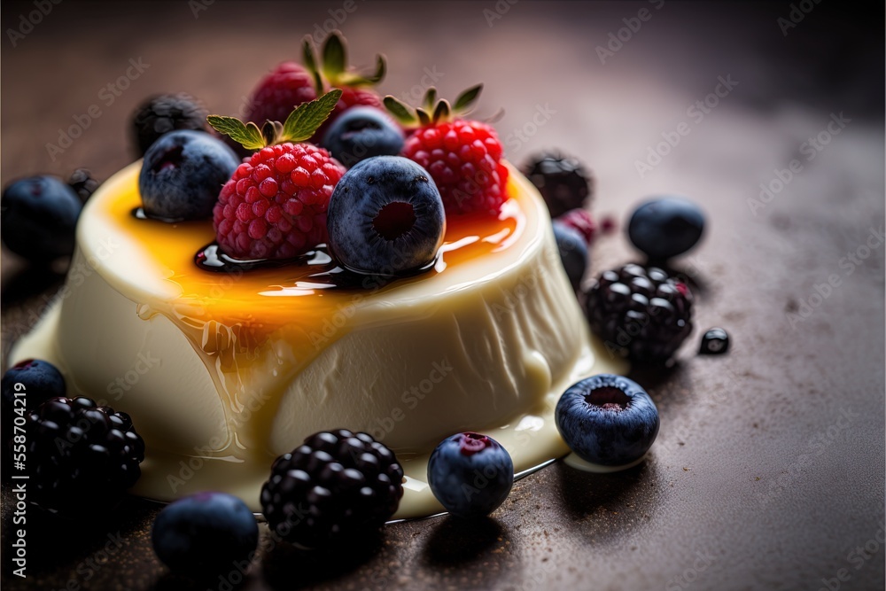 Aufkleber a dessert with berries and a drizzle of syrup on top of it on a table with other fruits around it an
