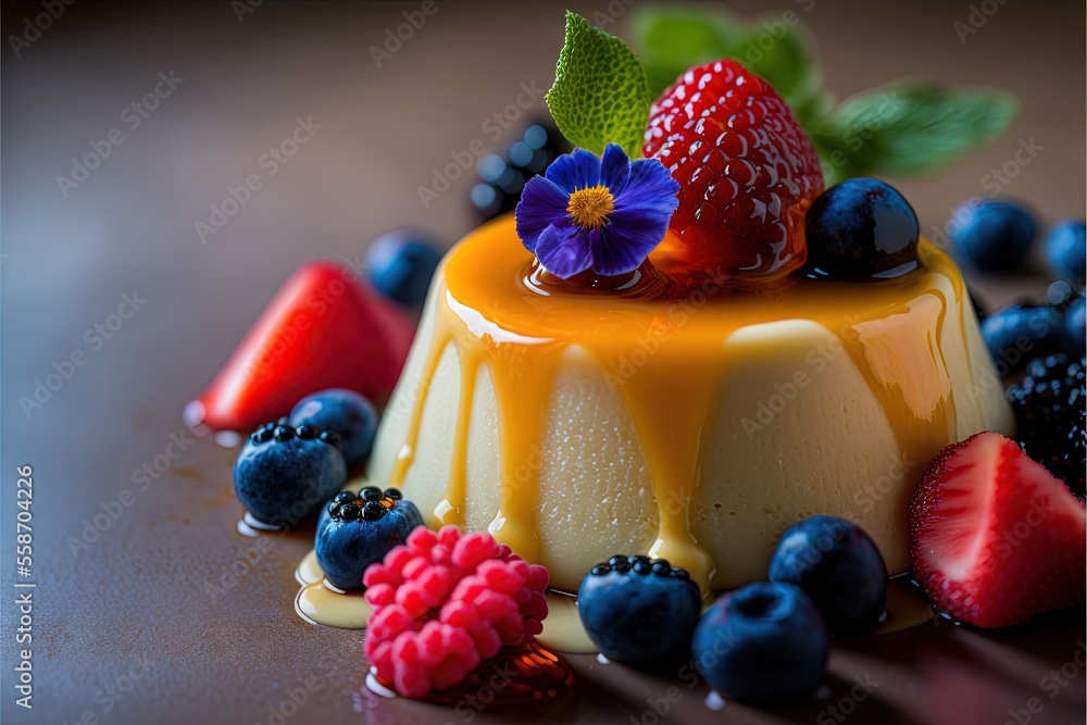 Aufkleber a dessert with fruit and a flower on top of it on a table with other fruit and berries around it on 