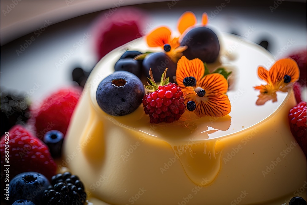 Aufkleber a cake with fruit on top of it on a plate with berries and blueberries on top of it and a drizzle of