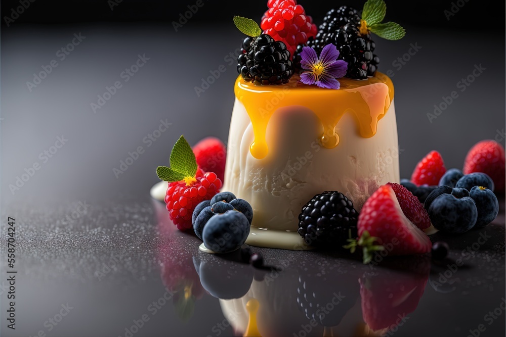 Poster  a cake with fruit on top of it on a table with a black background and a few other berries around it on the table and a black surface with a black surface with a few other things on it , generative ai