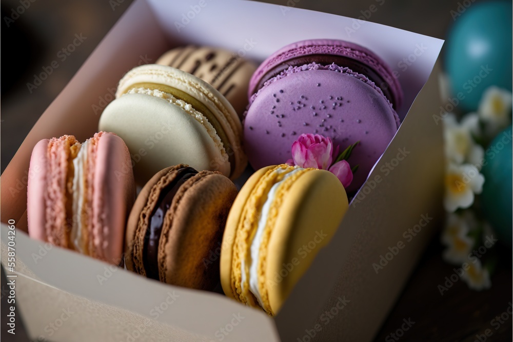 Poster a box of macaroons and cookies with a flower in it on a table next to a vase of flowers and a vase o