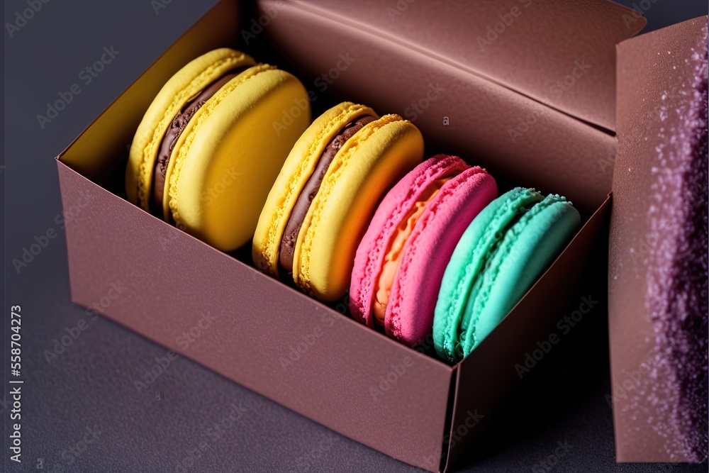Poster a box of macaroons with different colors in it and a purple box with a pink and yellow one and a pin