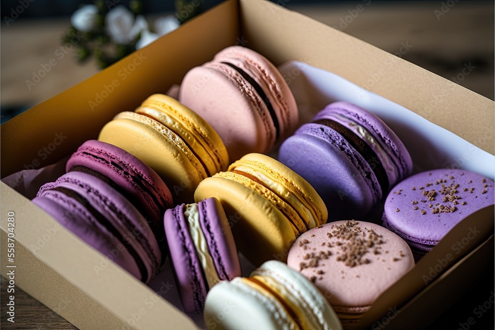 Poster a box of macaroons with different colors and flavors of macaroons in it, with sprinkles on the top o