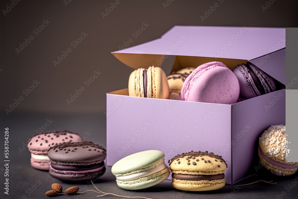 Poster a box of macaroons and a box of cookies on a table with a gray background and a brown background wit