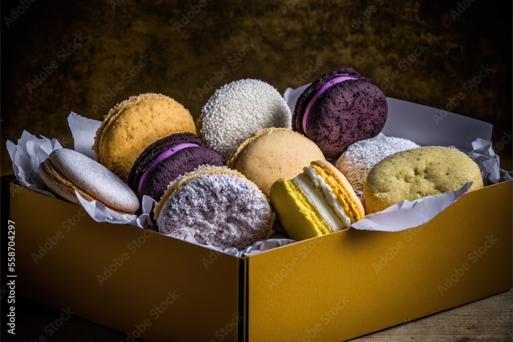 Poster a box of assorted pastries on a table top with a brown background and a black background behind it, 