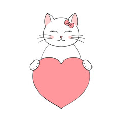 Cute cartoon cat holding a heart in his paws. Valentine's Day greeting card with space for text. Design for invitation, card, flyer, brochure, banner. Little pets in love. A declaration of love