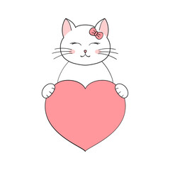 Cute cartoon cat holding a heart in his paws. Valentine's Day greeting card with space for text. Design for invitation, card, flyer, brochure, banner. Little pets in love. A declaration of love