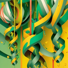 Green and yellow background with ribbons, streamers and confetti, carnival. AI