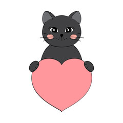 Cute cartoon cat holding a heart in his paws. Valentine's Day greeting card with space for text. Design for invitation, card, flyer, brochure, banner. Little pets in love. A declaration of love
