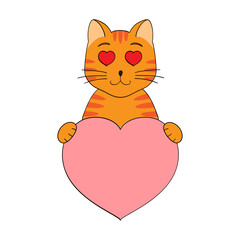 Cute cartoon cat holding a heart in his paws. Valentine's Day greeting card with space for text. Design for invitation, card, flyer, brochure, banner. Little pets in love. A declaration of love
