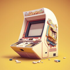 Retro arcade machine illustration, 80s, nostalgia. AI