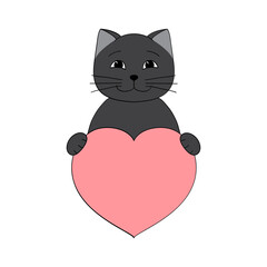 Cute cartoon cat holding a heart in his paws. Valentine's Day greeting card with space for text. Design for invitation, card, flyer, brochure, banner. Little pets in love. A declaration of love