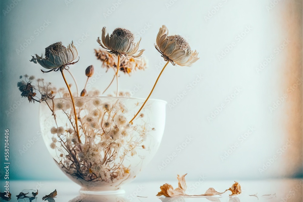 Aufkleber a white vase filled with dried flowers on a table next to a window sill with a reflection of the flo