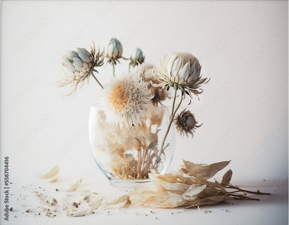 Poster a vase with dried flowers in it on a table top with a white background and a white frame around it w