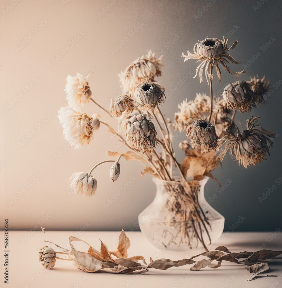 Poster a vase filled with lots of flowers on top of a table next to a window sill with a shadow of a plant 