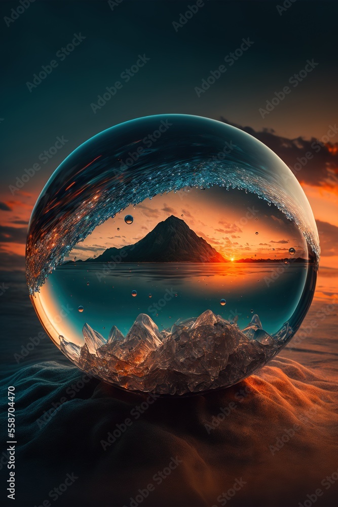 Aufkleber a sphere with a mountain in the background and a sunset in the background with a reflection of water