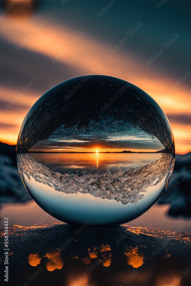 Poster a sphere with a sunset in the background and a reflection of the sky in it's surface, with a reflect