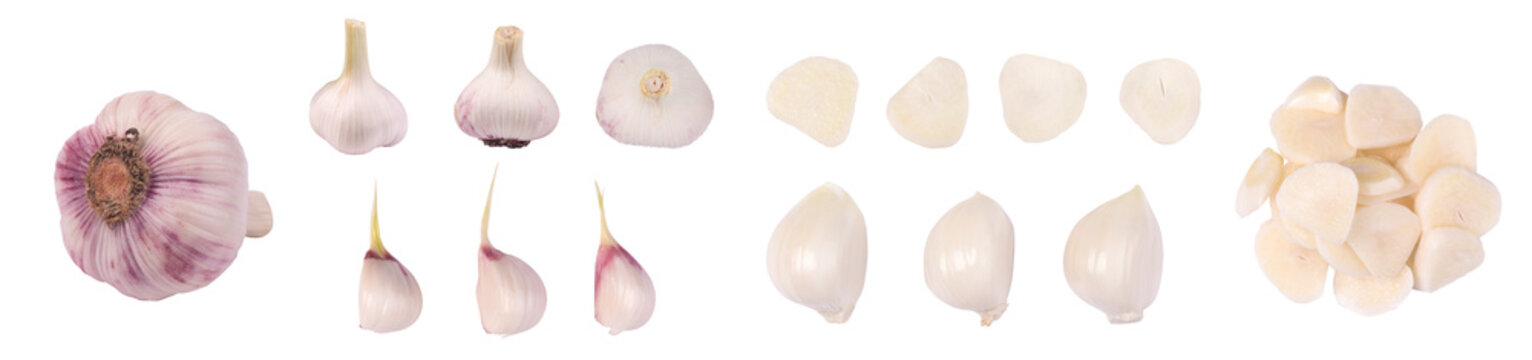 Collection of young garlic isolated on transparent set peeled whole and chopped sliced cloves, panoramic image