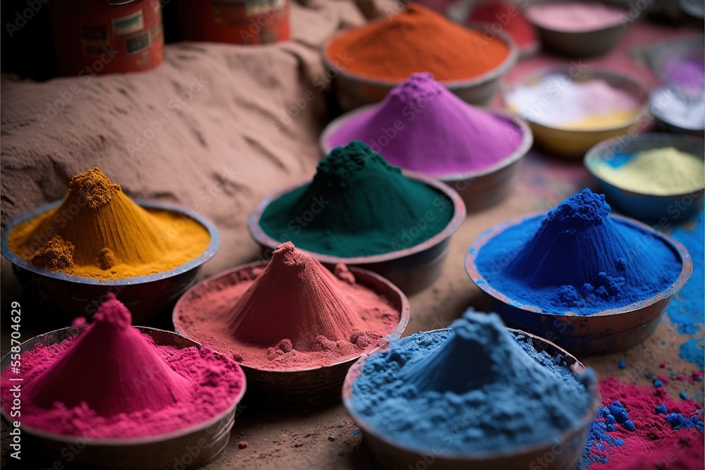 Poster a table with bowls of different colored powders on it and a can of paint in the background with a ca
