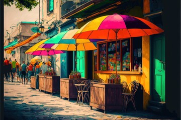 Fototapeta na wymiar a street scene with people walking and umbrellas on the sidewalk and a storefront with a row of tables and chairs with colorful umbrellas on the side of the street, with people walking.