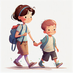 Cartoon. Happy little mother and son holding hands. Generative AI