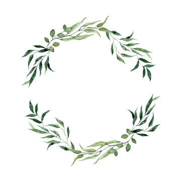 Watercolor greenery frame illustration. Green foliage, leaves, and branches wreath. Botanical painting.