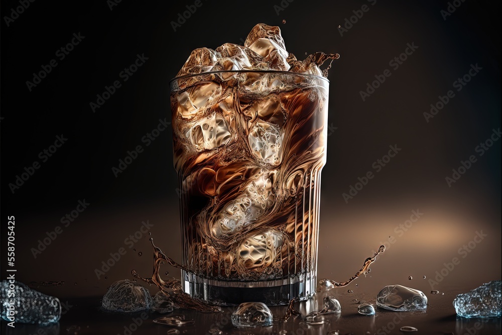 Poster a glass of ice water with ice cubes around it and a black background with a dark background and a fe