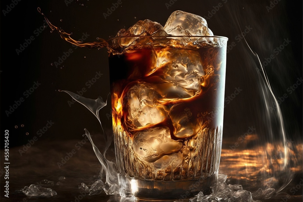 Poster a glass of ice tea with ice cubes on a table with water splashing around it and a black background w