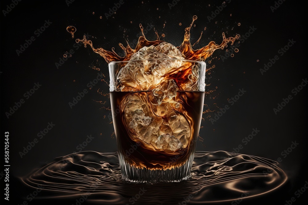 Poster a glass of ice with a splash of water on it and a black background with a swirl of water and ice cub