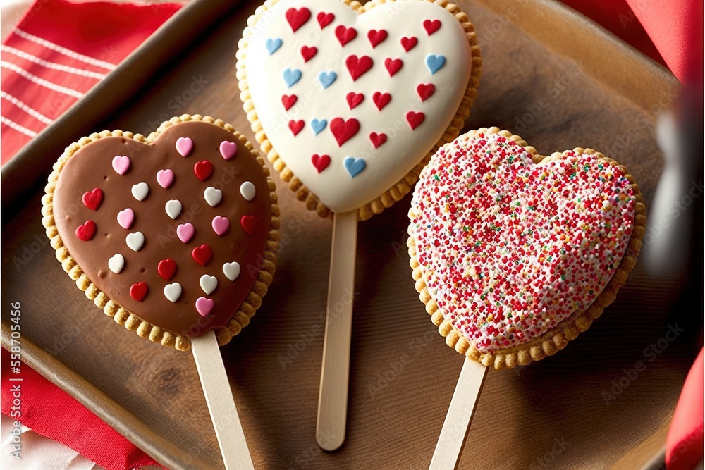 Poster a tray with three heart shaped cookies on top of it and a heart shaped lollipop on a stick on top of