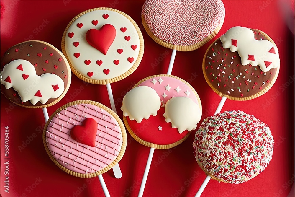 Poster a red tray with a dozen decorated cookies and a dozen donuts on sticks with hearts on them and a red