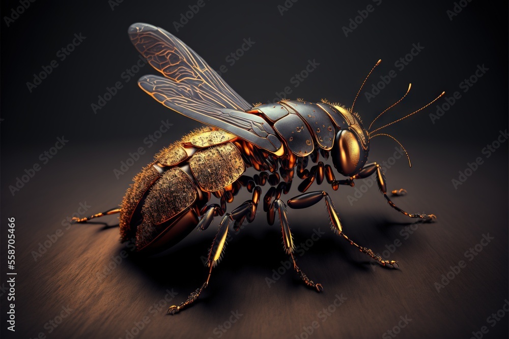Poster a close up of a fly on a black background with a light reflection on it's body and wings and head, w