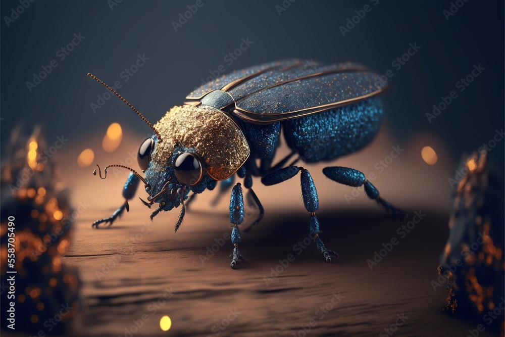 Poster a blue and gold bug with a black background and some lights in the background and a blurry image of 