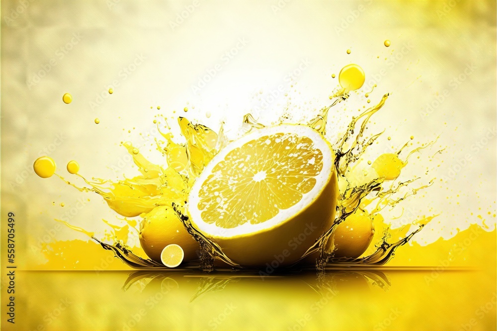 Poster a lemon is being splashed with yellow liquid on a yellow background with a splash of water on it and