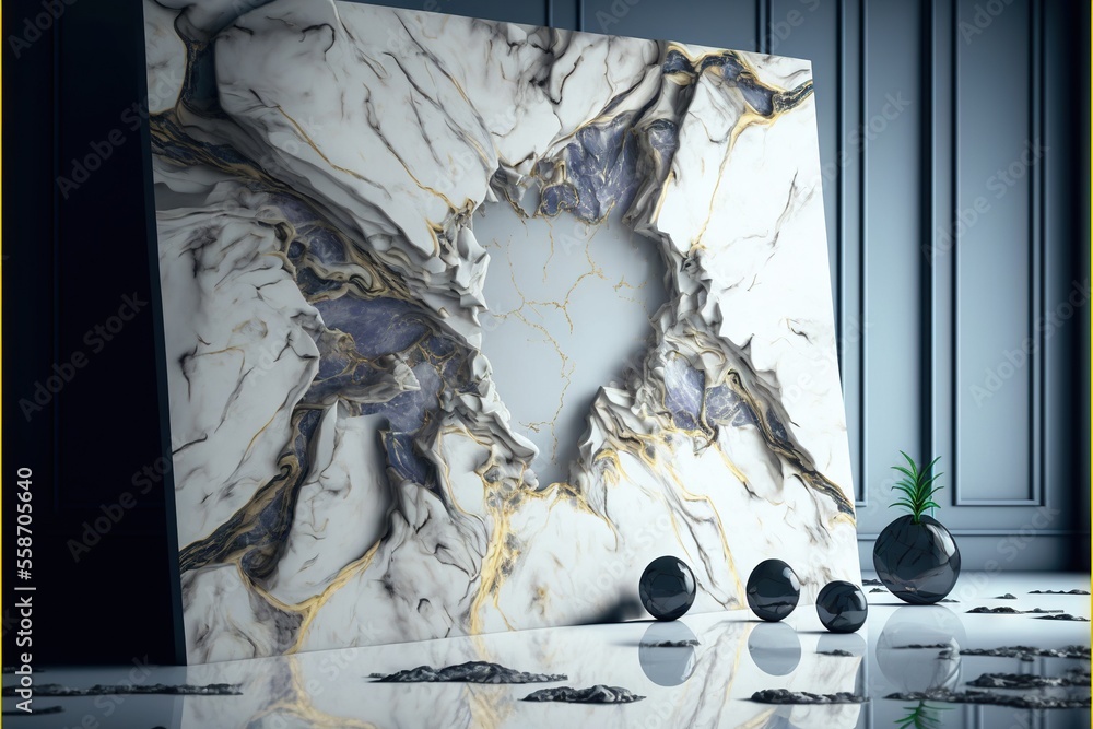 Poster a marbled wall with a plant in the middle of it and a vase on the floor in front of it with a plant 